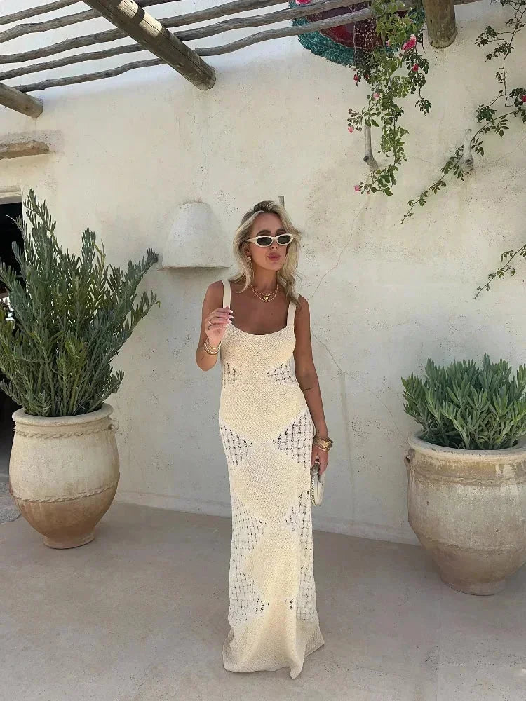 Vestido largo mujer crema sin mangas con diseño calado