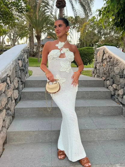 Vestido largo mujer de crochet con motivos florales