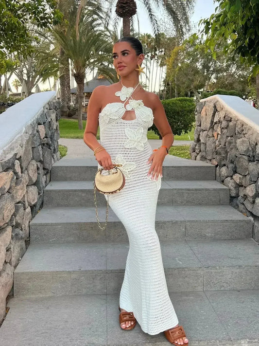 Vestido largo mujer de crochet con motivos florales