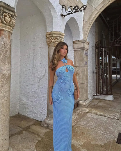 Vestido largo mujer de crochet con motivos florales