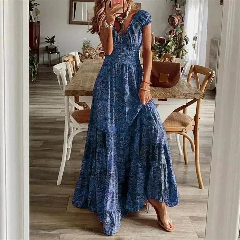 Vestido largo mujer informal con mangas cortas y volantes
