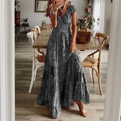 Vestido largo mujer informal con mangas cortas y volantes