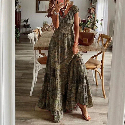 Vestido largo mujer informal con mangas cortas y volantes