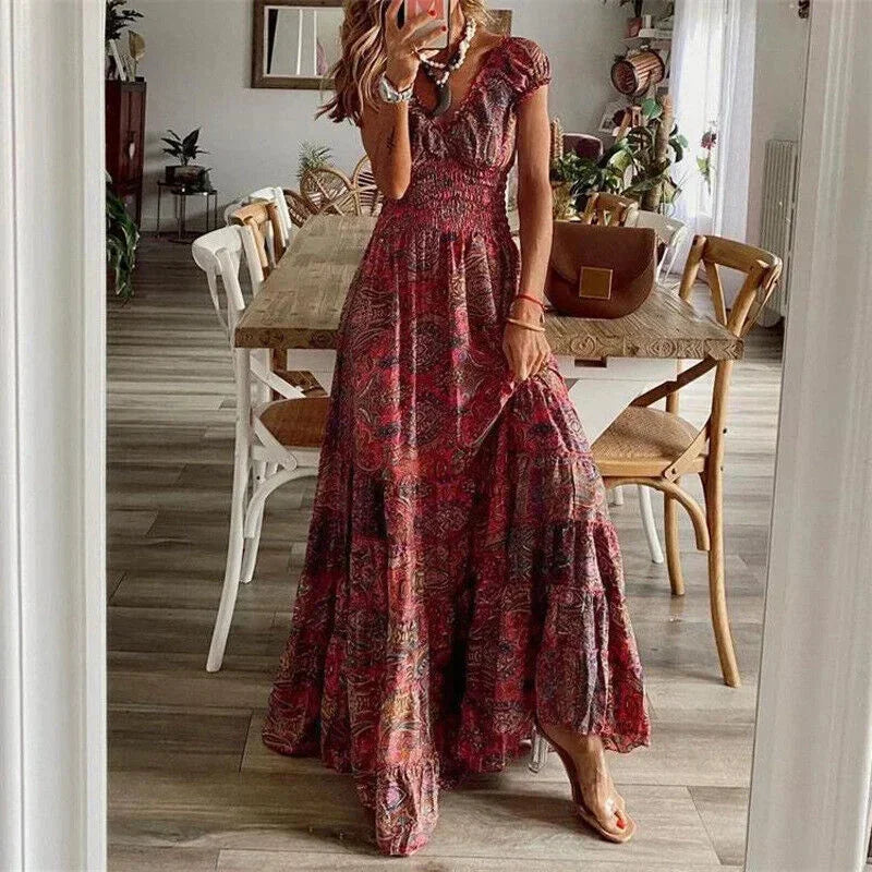 Vestido largo mujer informal con mangas cortas y volantes