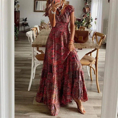 Vestido largo mujer informal con mangas cortas y volantes