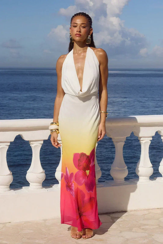Vestido largo mujer en degradado con flores y espalda descubierta