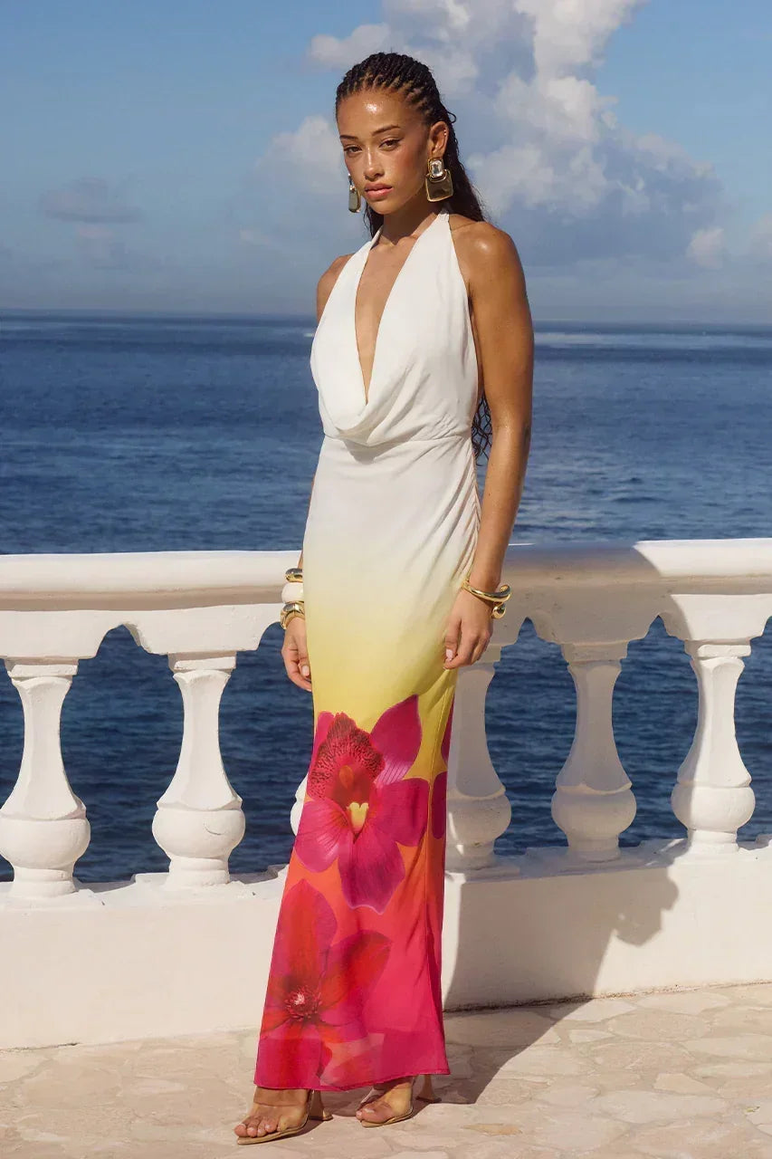 Vestido largo mujer en degradado con flores y espalda descubierta