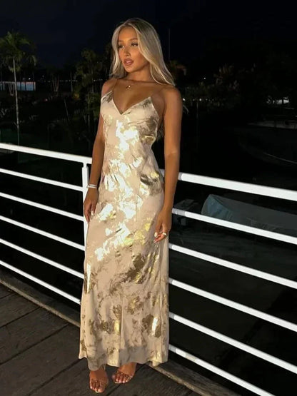 Vestido largo mujer dorado con tirantes finos