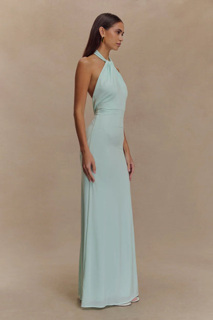 Vestido largo mujer espalda descubierta color menta suave