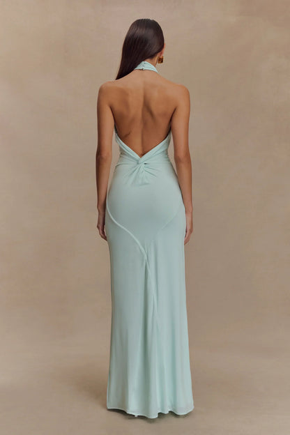 Vestido largo mujer espalda descubierta color menta suave