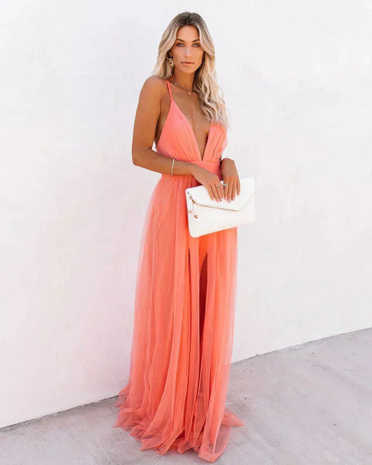 Vestido largo mujer espalda descubierta naranja tirantes finos