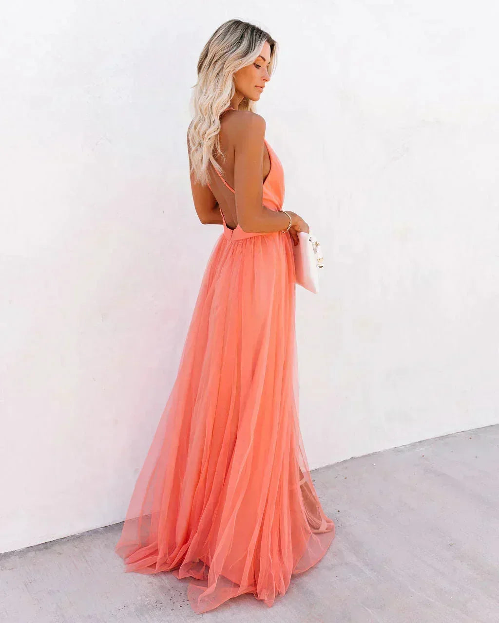Vestido largo mujer espalda descubierta naranja tirantes finos