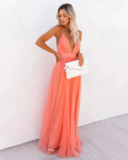 Vestido largo mujer espalda descubierta naranja tirantes finos