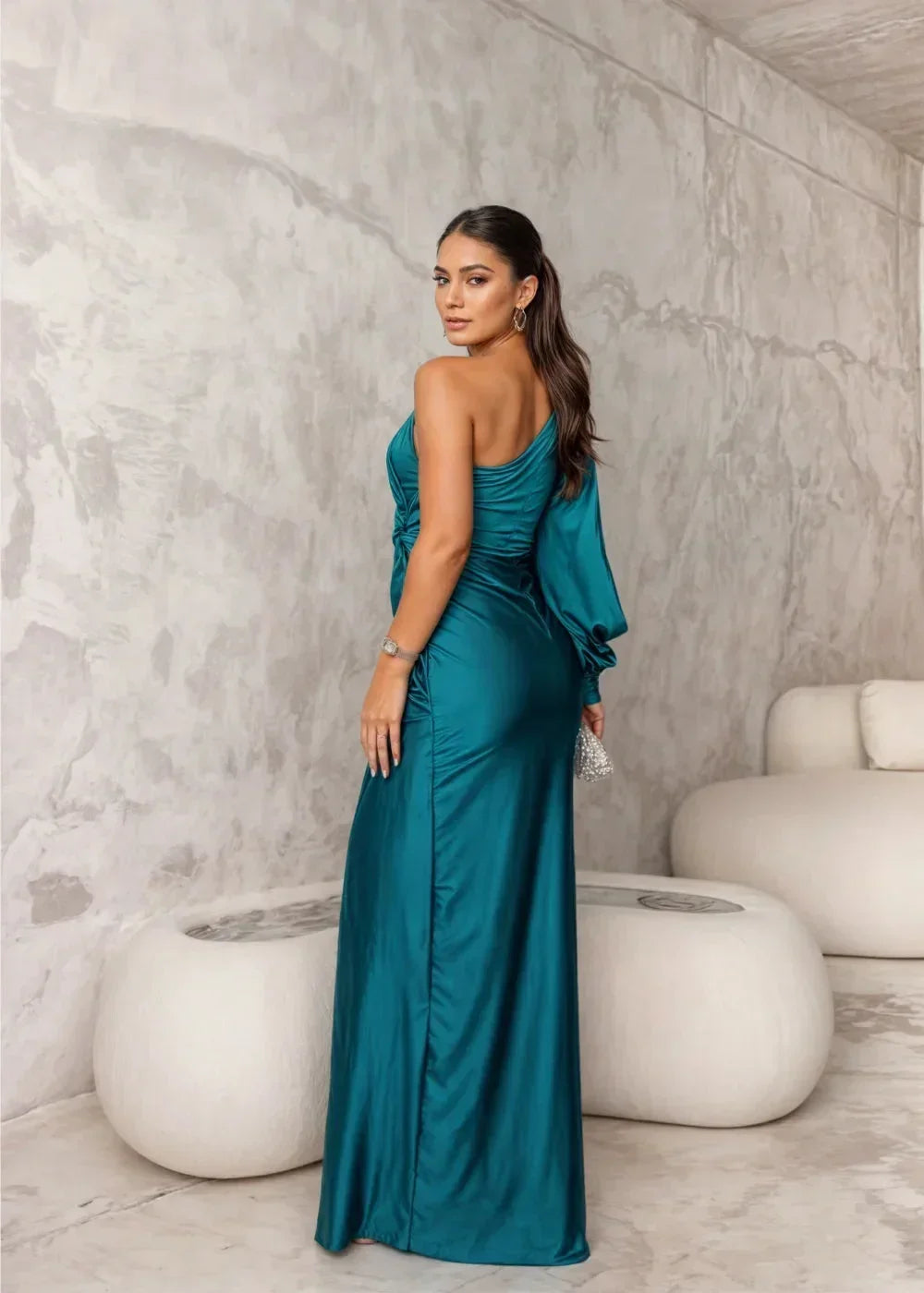 Vestido largo mujer drapeado de un Hombro con abertura elegante