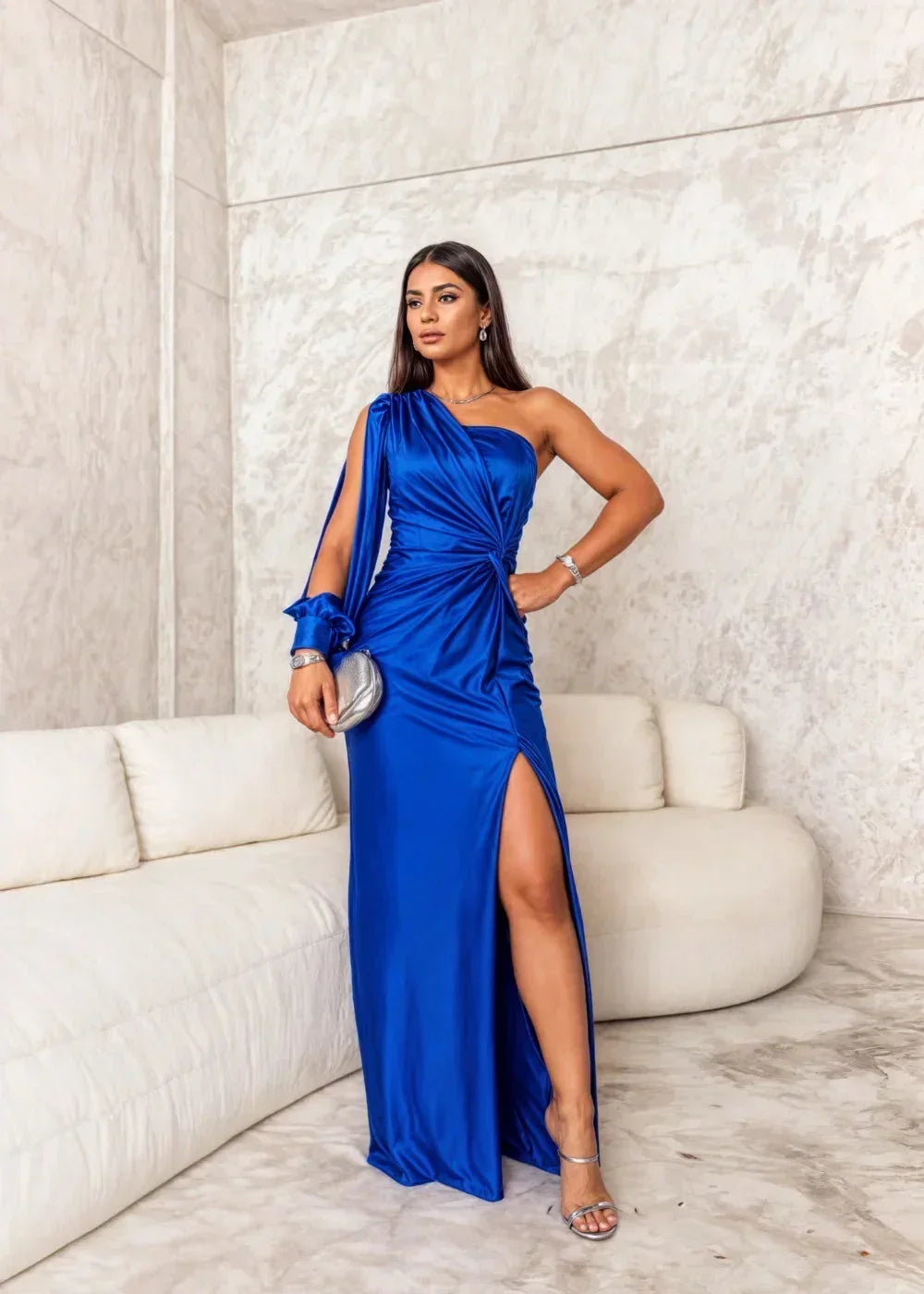 Vestido largo mujer drapeado de un Hombro con abertura elegante