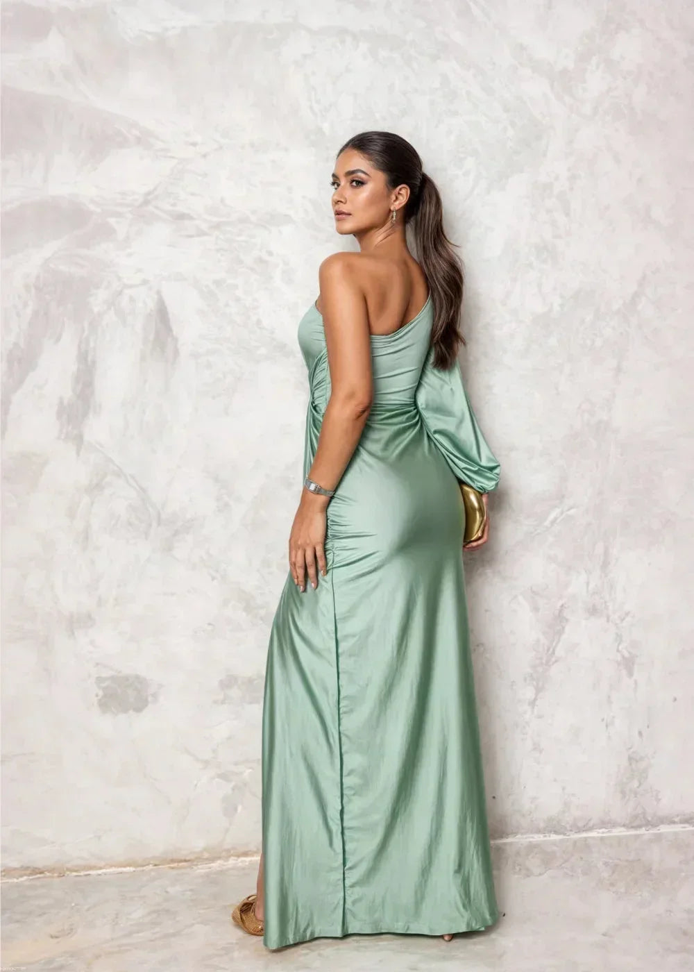 Vestido largo mujer drapeado de un Hombro con abertura elegante