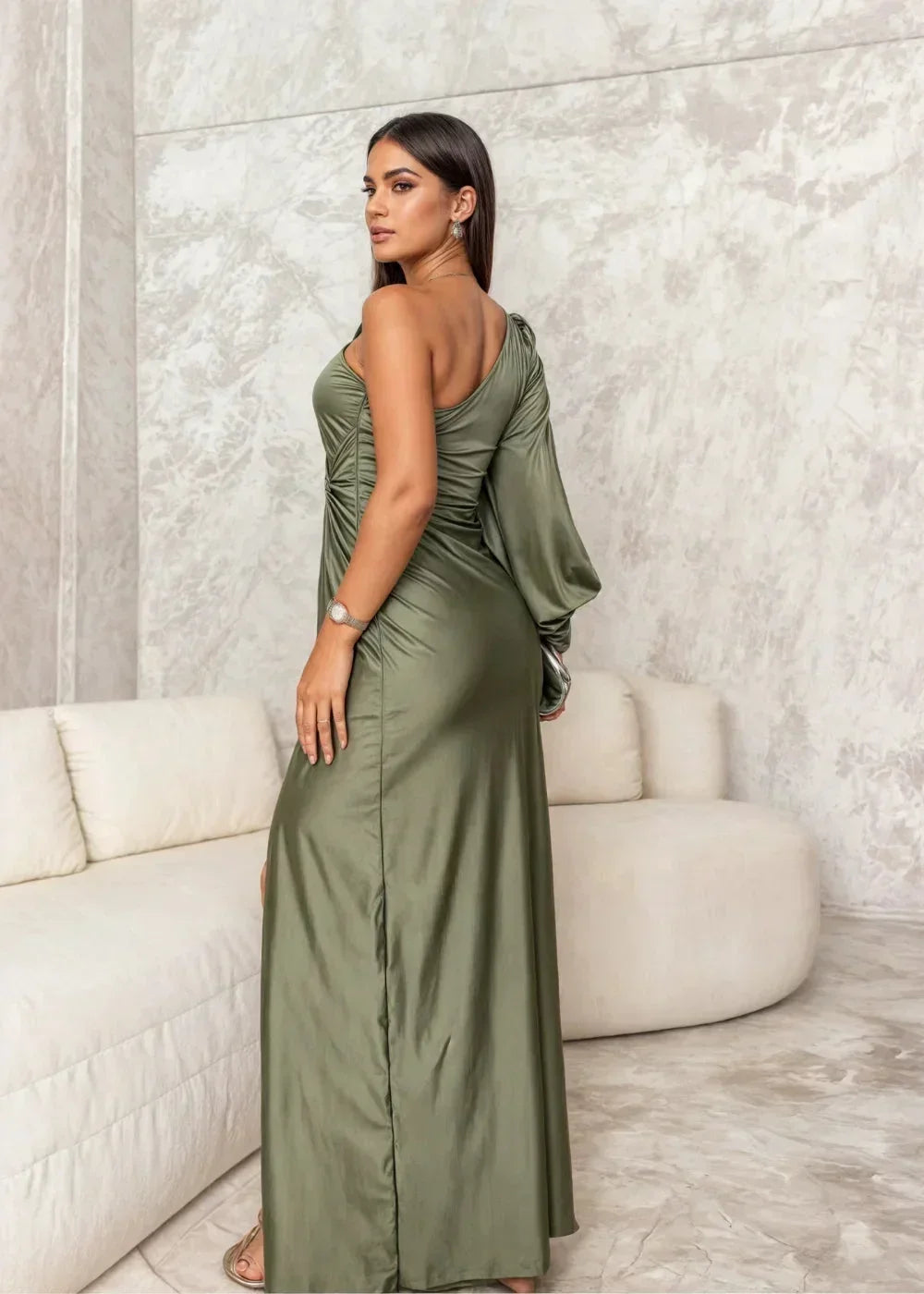 Vestido largo mujer drapeado de un Hombro con abertura elegante