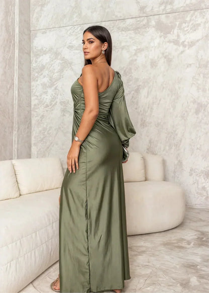 Vestido largo mujer drapeado de un Hombro con abertura elegante