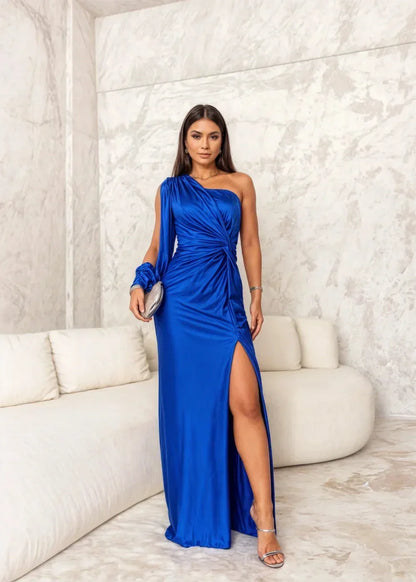 Vestido largo mujer drapeado de un Hombro con abertura elegante