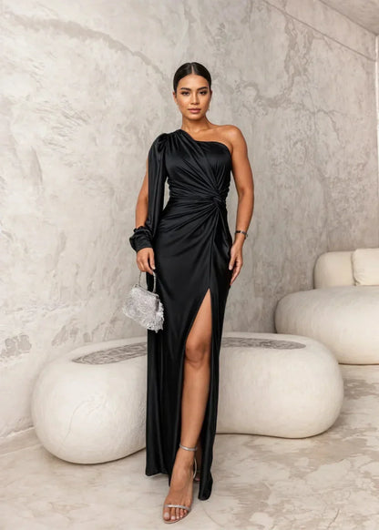 Vestido largo mujer drapeado de un Hombro con abertura elegante