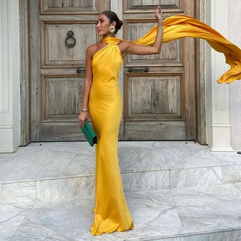 Vestido largo mujer drapeado de un solo tirante