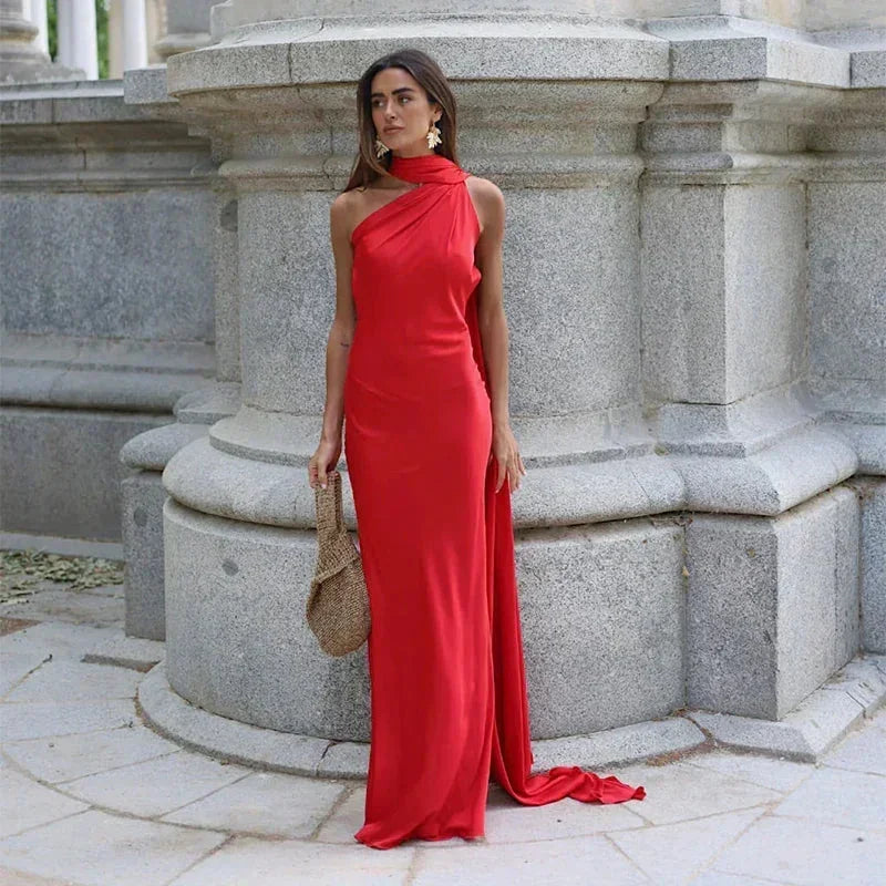Vestido largo mujer drapeado de un solo tirante