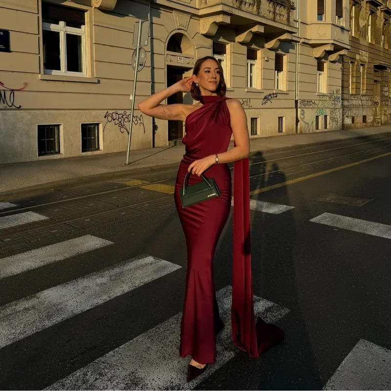 Vestido largo mujer drapeado de un solo tirante
