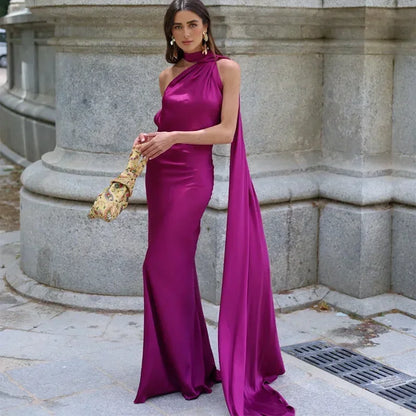 Vestido largo mujer drapeado de un solo tirante