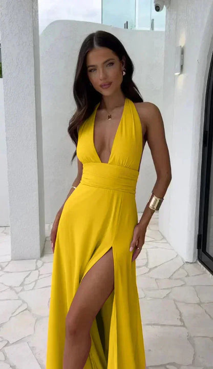 Vestido largo mujer con escote pronunciado y abertura elegante