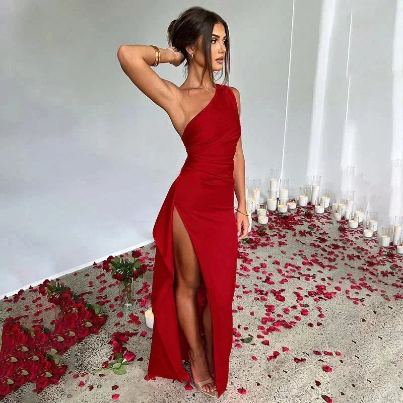 Vestido largo con abertura de un solo Hombro efecto satén