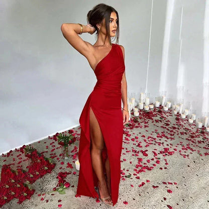 Vestido largo con abertura de un solo Hombro efecto satén