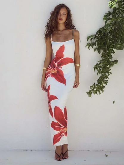Vestido largo mujer con tirantes finos y estampado floral
