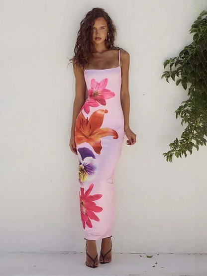 Vestido largo mujer con tirantes finos y estampado floral