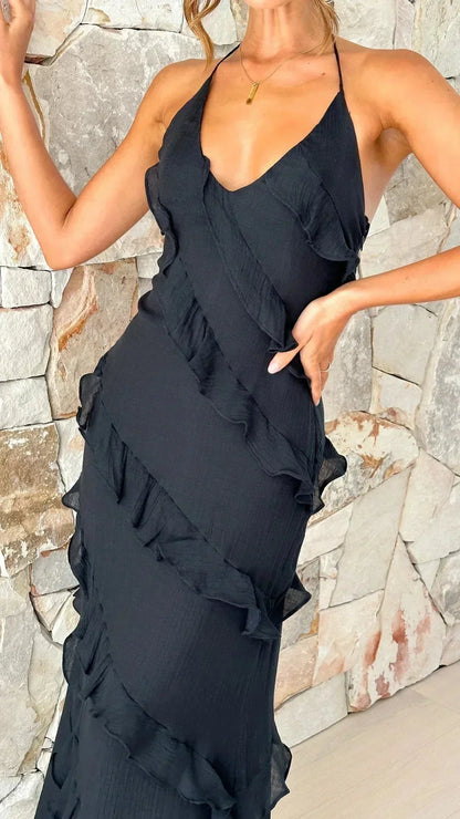 Vestido largo mujer fluido con volantes y escote en V