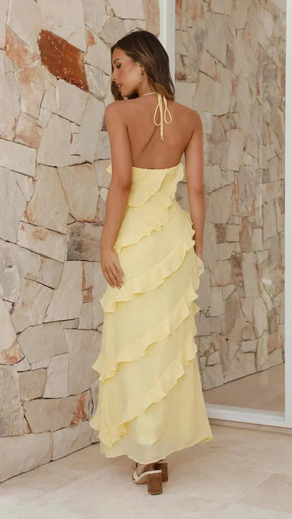 Vestido largo mujer fluido con volantes y escote en V
