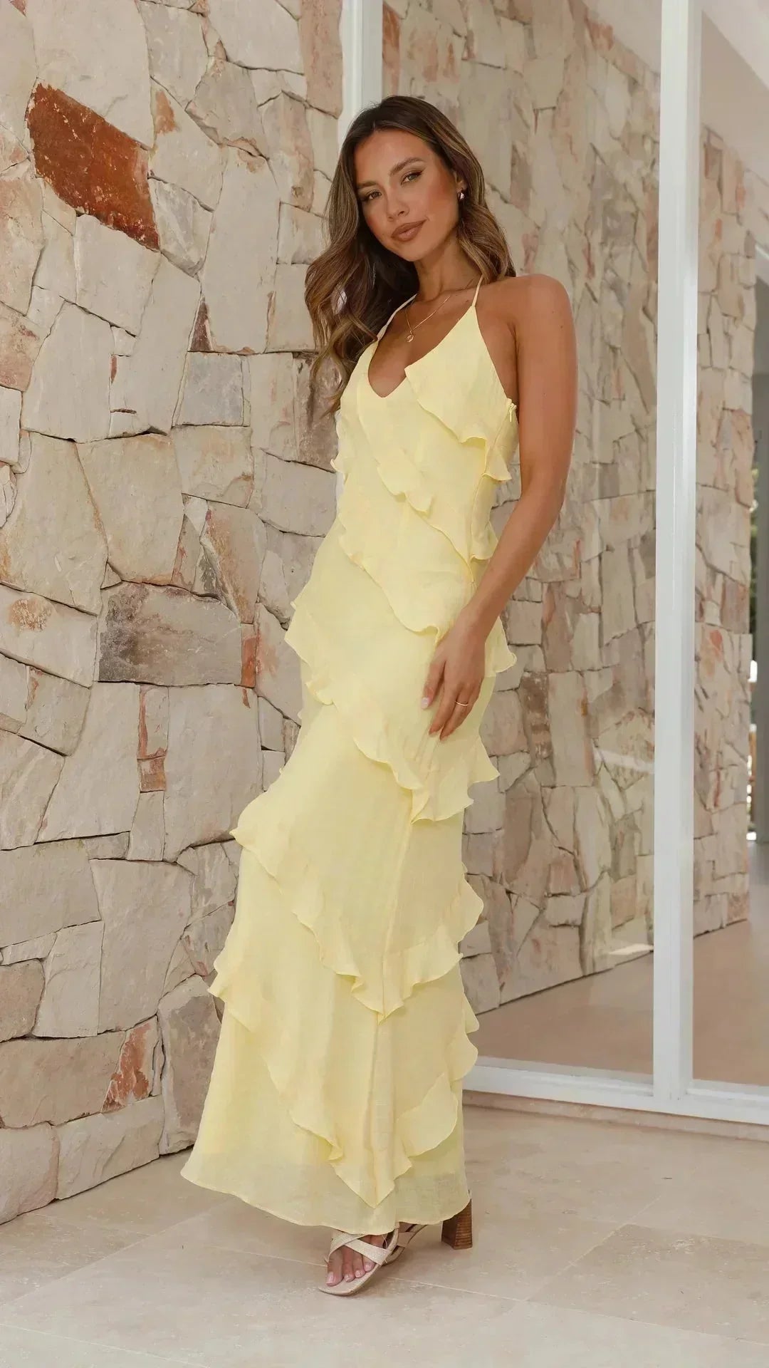 Vestido largo mujer fluido con volantes y escote en V