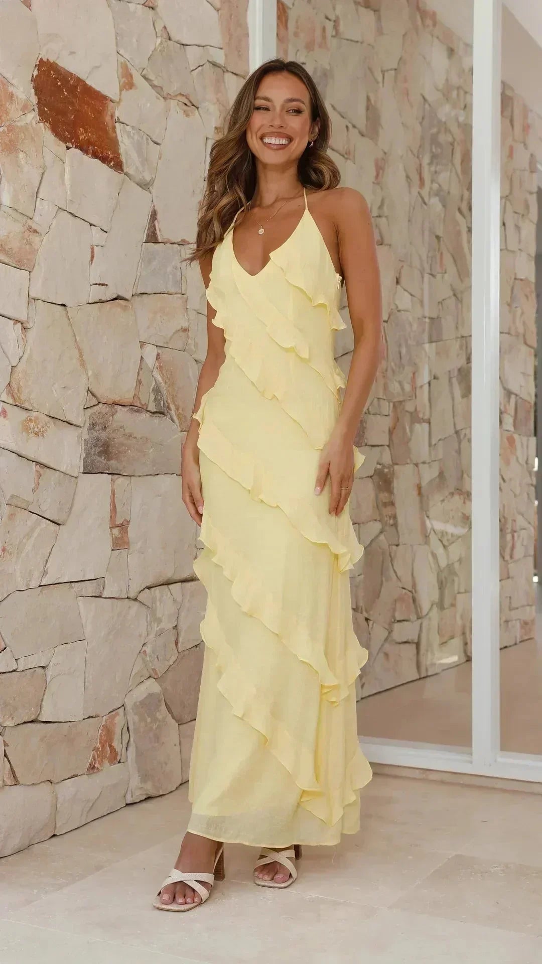 Vestido largo mujer fluido con volantes y escote en V