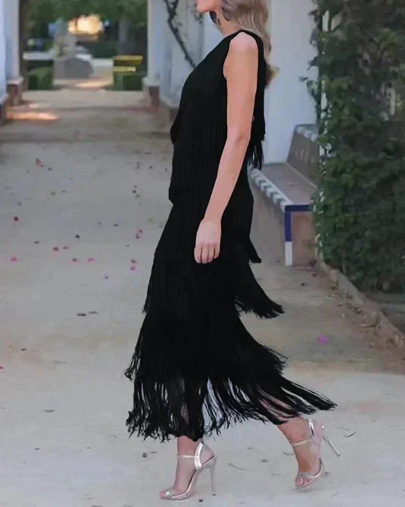 Vestido largo mujer con flecos y escote asimétrico