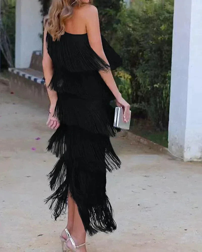 Vestido largo mujer con flecos y escote asimétrico