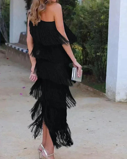 Vestido largo mujer con flecos y escote asimétrico