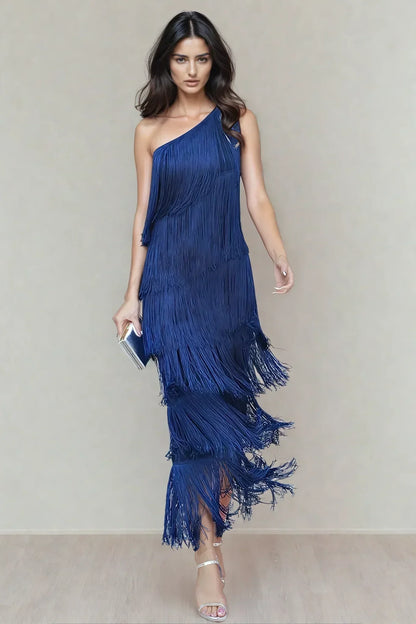 Vestido largo mujer con flecos y escote asimétrico