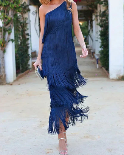 Vestido largo mujer con flecos y escote asimétrico