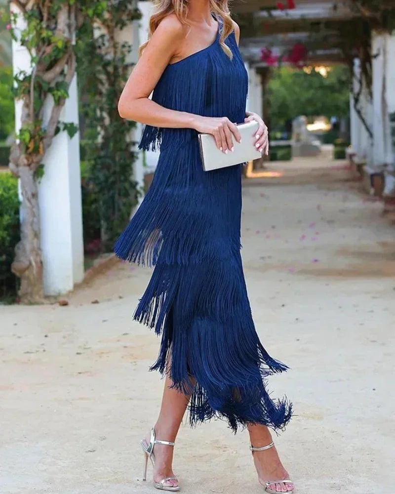 Vestido largo mujer con flecos y escote asimétrico