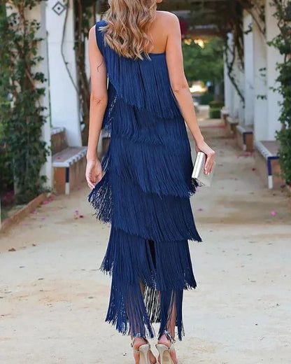 Vestido largo mujer con flecos y escote asimétrico