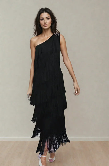 Vestido largo mujer con flecos y escote asimétrico