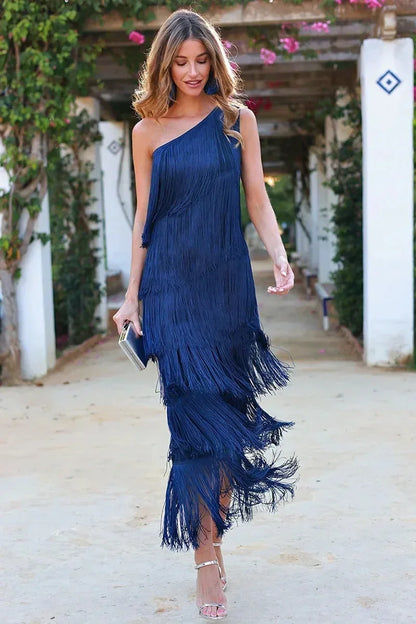 Vestido largo mujer con flecos y escote asimétrico