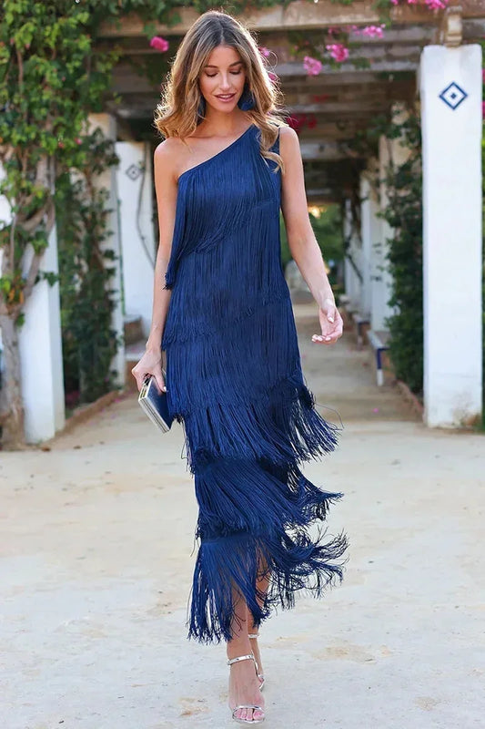 Vestido largo mujer con flecos y escote asimétrico