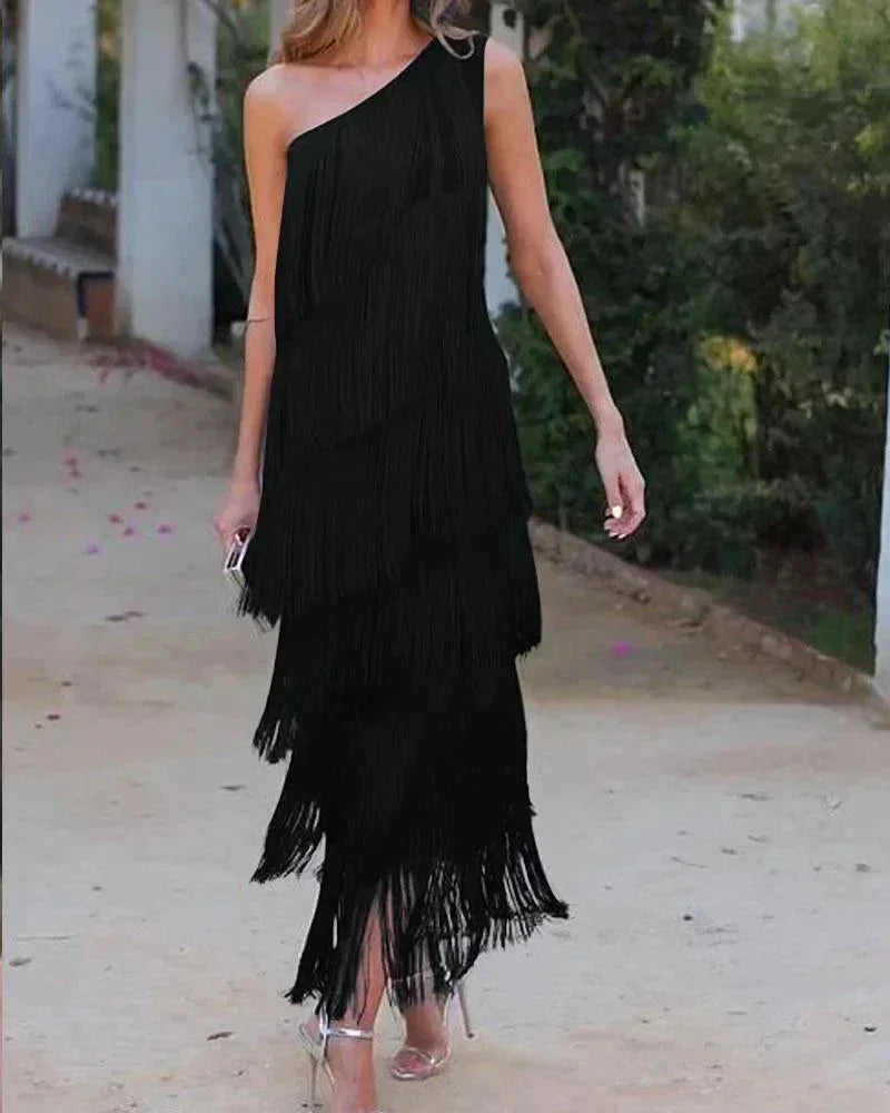 Vestido largo mujer con flecos y escote asimétrico