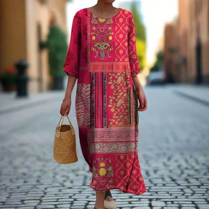 Vestido largo mujer estampado étnico mangas 3/4 rosa