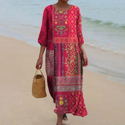 Vestido largo mujer estampado étnico mangas 3/4 rosa